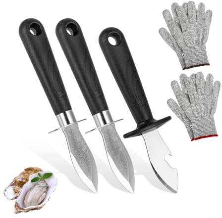 HISKUNYU Set 3 Coltelli per Ostriche Professionale + Guanti Resistenti al Taglio Grigi - Apriostriche per Conchiglie, Formaggi Duri, Cucina e Giardinaggio (Fai da Te)