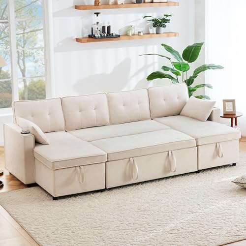 Bäddsoffa med sovfunktion, U-formad soffa, stoppad soffa, bomull och linnetyg, med mugghållare, två förvaringsutrymme, lämplig för familjer, vardagsrum och andra platser (beige + 4-sitsig)