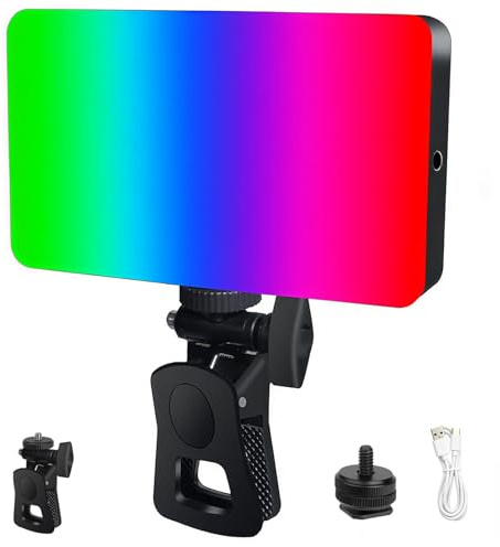 Lampe Vidéo RGB, Lumières pour Camera Portable avec Clip et Adaptateur de Sabot Froid,138 Perles, 2700K-6500K Couleur Température Réglable Lampe Vidéo pour Youtube Vlog Photographie