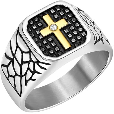 Uloveido Gravé Jésus Croix Bague Sceau Homme Gothique Biker Vintage Style Acier Inoxydable Confort Foi Spirituel Déclaration YA5825 (Argent, Taille 54.4)