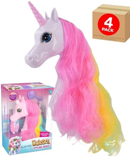 Electoys Unicorn Styling Head Toy for Children – Life-Sized Hair Styling Practice with Rainbow-Coloured Synthetic Hair Accessories and Brush – Fantasy Unicorn Themed Role-Play for - 4 Pack