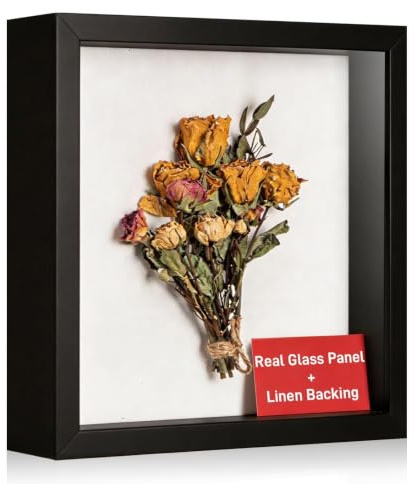 MUXIUNT 8x8 Inch Shadow Box Frame with Real Glass Panel & Soft Linen Back | With Push Pins and Stand, 1.2-inch Deep Black Shadow Box Display – Tabletop or Wall Mount for Photos, Crafts, and Keepsakes