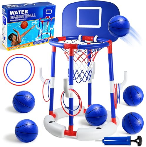 Joellfuner Canasta de Baloncesto Piscina, Flotante Canasta Piscina 2 en 1, 10 Anillos para Lanzar + 6 Balones, Juego de Agua para Adultos Niños, Juegos Piscina Interior y Exterior (Azul)