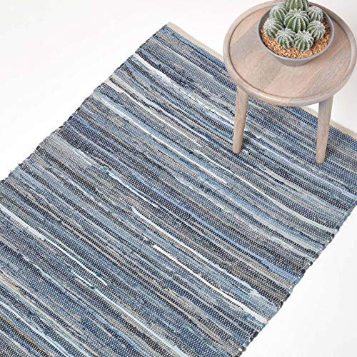 HOMESCAPES 100% Recycled Blue Denim Chindi Rug Handmade Eco Friendly Real Denim Striped Rug, 70 x 120 cm
