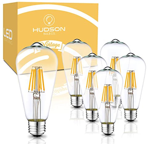 HUDSON BULB CO. Vintage LED Edison Light Bulbs, 60W Equivalent, E26/E27 Base, 2700K Soft White, Dimmable, ST58 Style Decorative Lights - 6 Pack