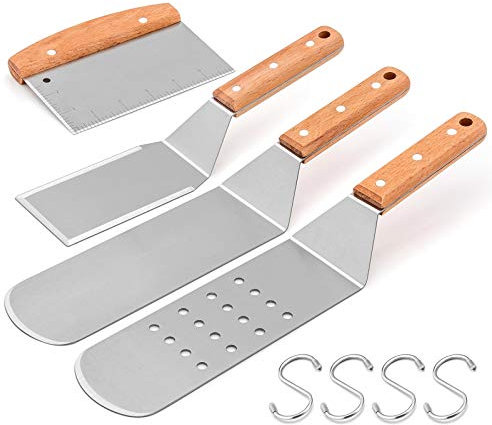 HaSteeL Metal Spatula Set of 4, Professional Stainless Steel Griddle Grill Accessories Kit with Wooden Riveted Handle, Griddle Spatula Scraper Tools for Teppanyaki BBQ Flat Top Hibachi Cooking