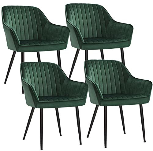 SONGMICS Esszimmerstuhl, 4er Set, Küchenstuhl, Sessel, Samt, Polsterstuhl mit Armlehnen, Loungesessel, bis 120 kg belastbar, Metallbeine, für Esszimmer, Küche, grün-tintenschwarz LDC087C01-4