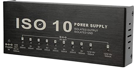 Alimentation pour Pédale de Guitare DC 12V Multi-effets 10 Sorties Isolées en Métal avec 2 Câbles Conversion 3,5 Mm Tension Réglable (EU Plug)
