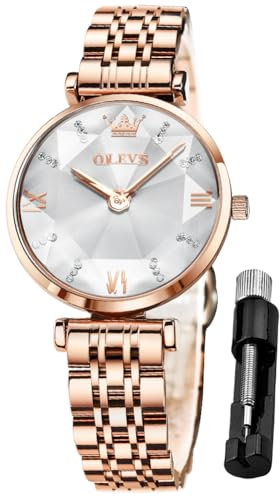 OLEVS Damenuhren Analog Quarz Armbanduhren mit Diamant Weiß Kleines Gesicht Gold Edelstahlband wasserdichte Uhr