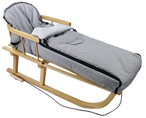 Kombierbjudande träsläde med ryggstöd och dragrep + universell vinteråksäck (90 cm), även lämplig för babystol, barnvagn, buggy, termofleece uni (ljusgrå + släde)