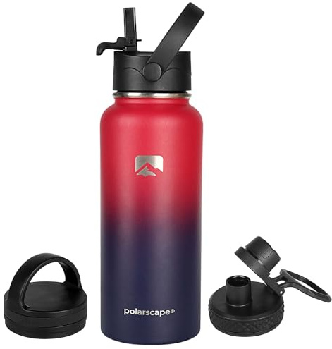 Polarscape Stainless Steel Insulated Water Bottle with Straw - Metal Water Bottle, Includes 3 Lids, 2 Straws, and Straw Brush - Wide Mouth, Double-Walled, BPA Free, Leak Proof - 1L Plum