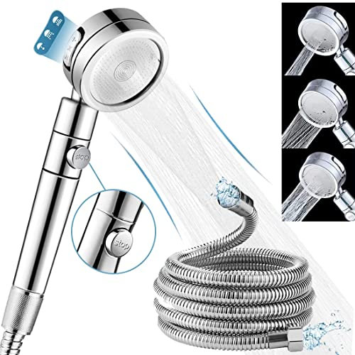 Duschkopf - Duschkopf mit Schlauch 2m - Regendusche Duschbrause Wassersparend Hochdruck mit 3 Strahlarten - Universal Handbrause Druckerhöhend Brausekopf mit Stoppfunktion Taste für Baden &Spa- Chrom