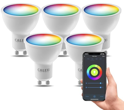 CALEX Lot de 5 Smart Ampoules LED GU10 RGB CCT WiFi, 345lm, 4,9W, Alexa/Google/Siri, 16M couleurs, blancs 2200-4000K, dimmable, musique, scénarios, sans pont, WiFi 2.4GHz