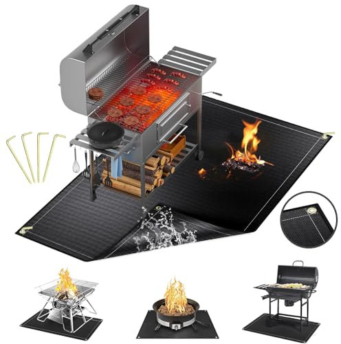 Esterilla para barbacoa, protección del suelo, base ignífuga 152 x 115 cm, base plegable para barbacoa con agujeros y clavos de suelo, resistente al agua, resistente al aceite, alfombrilla protectora