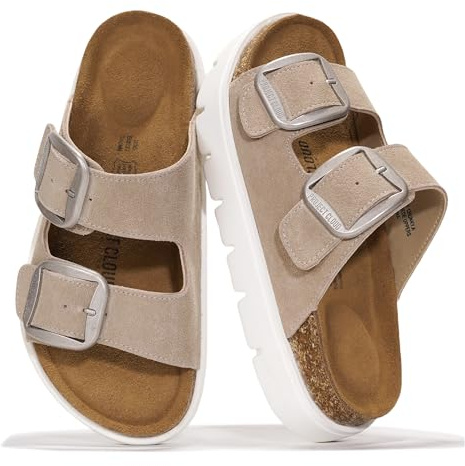 Project Cloud 100% Genuine Leather Platform Sandals Women Footwear - Wedge Chunky Slides for Women 2026 with Memory Foam Insole & Cork Footbed Womens Sandals (GreeceChunky)