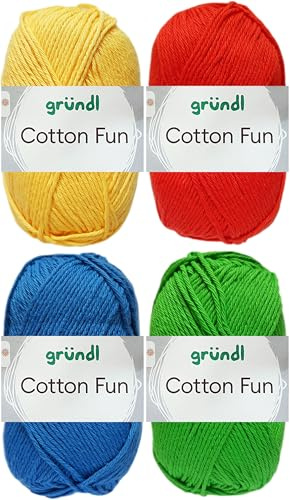 4x50 Gramm Gründl Cotton Fun Häkelgarn aus 100% Baumwolle inkl. Anleitung für Einkaufsnetz Bunt Mix Set (Set 7 (Bunt Basis Mix))