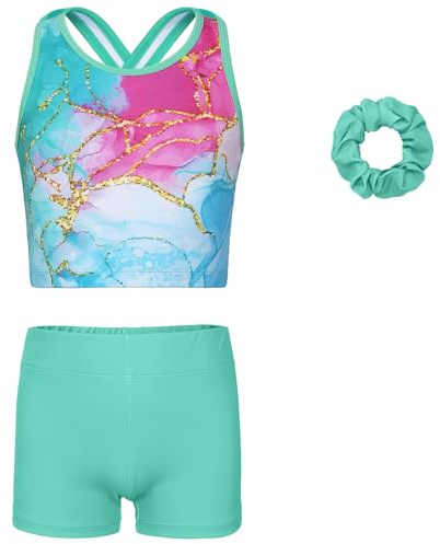 JOYSTREAM Gymnastics Leotards for Girls with shorts Tumbling Dance Cross Back Unitards Activewear Turquoise Cracks,6-7years