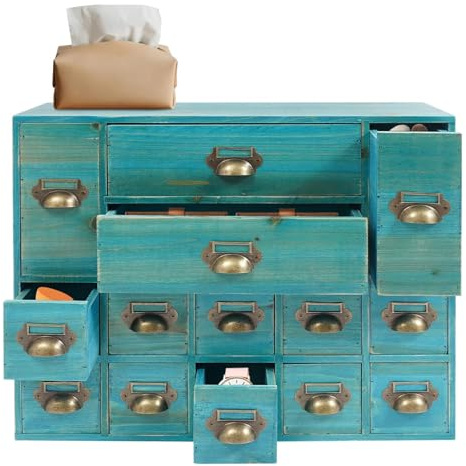 14 Drawers Apothecary Cabinet, Wooden Desk Drawer Organizer, with 14 Drawers Tabletop Apothecary Chests And Cabinets, Library Card Catalog Cabinet Herb Storage Box