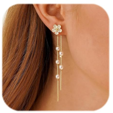 Perle Orecchini Pendenti Oro per Donna, Placcati Oro 14K Orecchini Anallergici Moda con Zirconio, Fiore Orecchini Pendenti, Delicati Orecchini a Perle e Catena, Regali di Gioielli per Donna