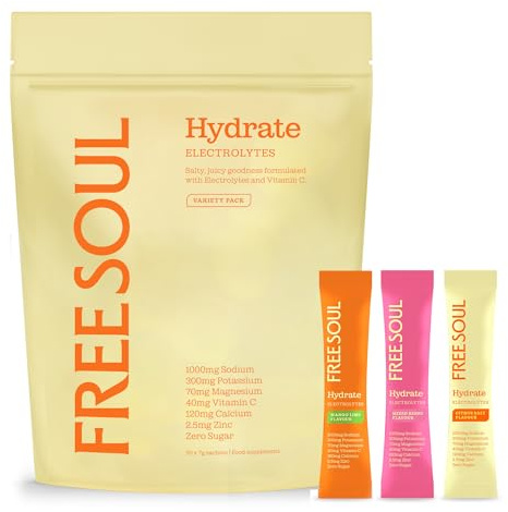 Free Soul Hydrate | Electrolyte Hydration Sachets with Sodium, Magnesium, Vitamin C, & More | Zero Sugar, Advanced Electrolyte Powder for Daily Use | Variety Pack | 30 Sachets