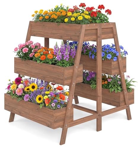 HOMASIS Jardin Surélevé Multi-Niveaux en Bois, Étagère Escalier pour Plantes à 3 Niveaux avec Boîtes à Fleurs, Lit de Jardin pour Terrasse, Balcon et Jardin, Naturelle