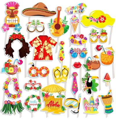 MOPZIJA 30pcs Foto Props, Photocall DIY Photo Booth Atrezzo Favorecer cumpleaños Accesorios Decoracion Fiesta,Accesorios Fiesta Suministros,Accesorios fotográficos para fiestas hawaianas