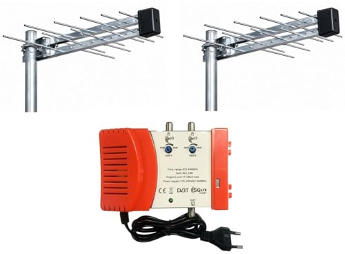 Kit antenna TV DVB-T2 completo con 2 antenne UHF 20 elementi e centralina amplificata da interno 40dB