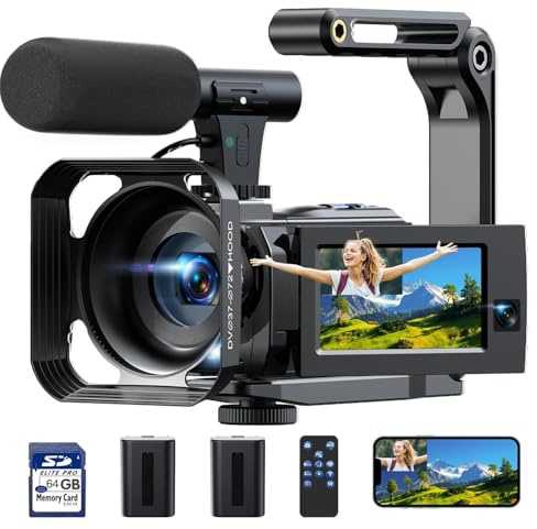 FIREFOTO Videocámara 5K Cámara de Vídeo 56MP, 16X Cámara para Vlog Youtube con Doble Lente, Pantalla Táctil 3 270°, WiFi Visión Nocturna IR, Micrófono Externo, 2 Baterías, Tarjeta 64GB, Trípode