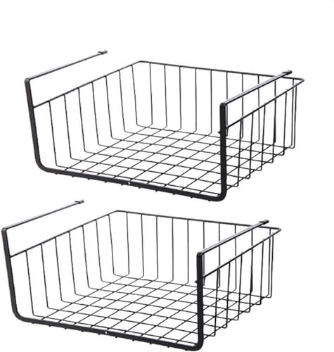 Sylon 2 x Hanging Basket Organiser, Hanging Under Shelf Storage Basket for Kitchen Cupboards, Cabinets, Shelves, Low Furniture (Black)