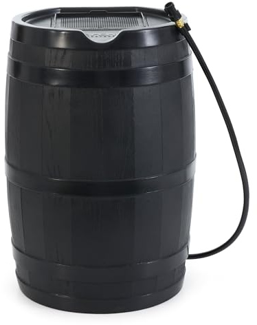 FCMP Outdoor 45 Gallon Heavy Duty Rain Water Catcher Barrel Container with Hose and Debris Screen for Outdoor Plants, Garden, and Landscapes (RC45-BLK) Black