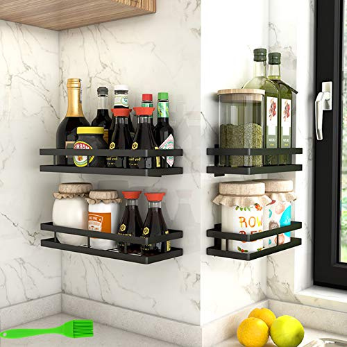 PIGPIGFLY Especiero con 4 ganchos, Especiero pared, Almacenamiento cocina y despensa, Estanterías especias Acero Inoxidable, Organizador cocina (20cm)