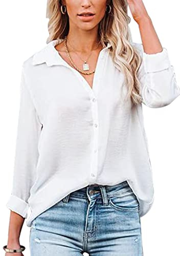 Baynetin Camicia Donna Manica Lunga/Corte Blusa con Scollo a V Bottoni Elegante Casual Curvy da Lavoro Facile Ferro Stiro Business Tops Shirt (Bianco, S)
