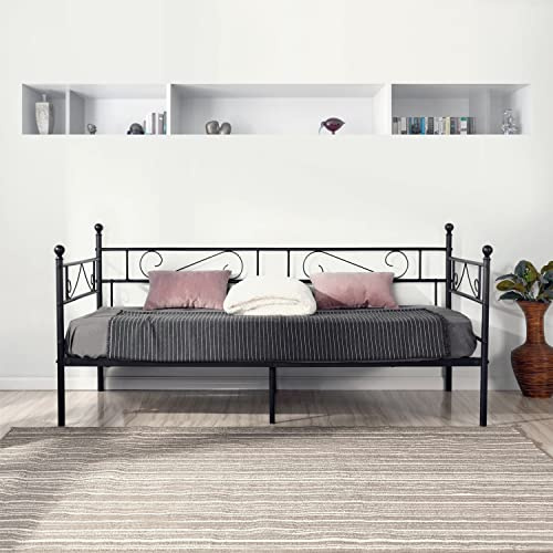 FetiNes Cadre de lit en Métal Canapé-Lit en Fer Forgé Lit Simple pour Enfant Adulte, 90x190cm Noir