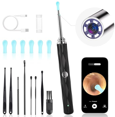 High-Definition Ear Wax Removal, Wireless Ear Cleaner, Safe and Gentle Ear Wax Removal Kit, Rechargeable Ear Cleaner with Camera and Light, Ear Cleaning Kit for Android and iOS (Black)