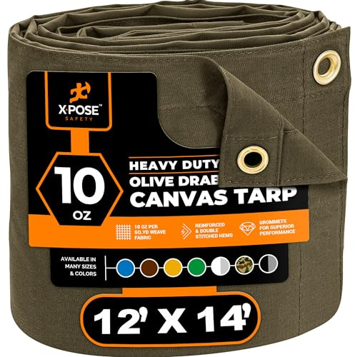 Xpose Safety Canvas Tarp - 10oz Olive Drab Canvas Tarps Heavy Duty Water Resistant with Brass Grommets- Multipurpose Outdoor Tarpaulin for Camping, Canopy, Trailer, Equipment Cover 12' x 14'