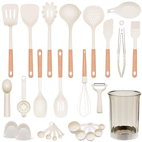 Küchenhelfer Set Silikon, 28-teiliges Silikon Küchenhelfer Kochbesteck Set, Hitzebeständiger Küchenhelfer Set mit Utensilienhalter, Gesund & Antihaft Küchenutensilien Set (weiß)