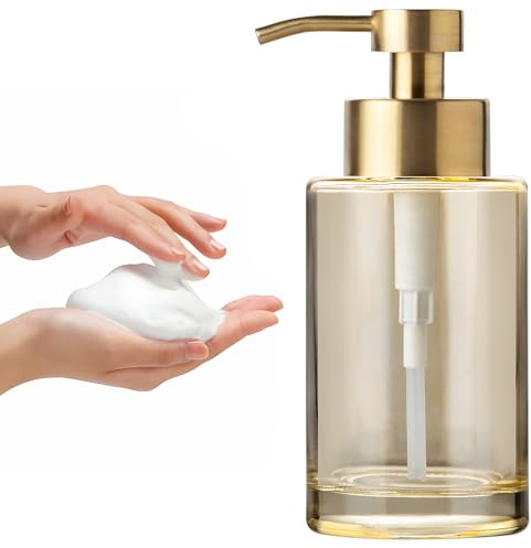 Enra Gold Foaming Soap Dispenser, 12oz Thick Glass Bathroom & Kitchen Dispenser with Stainless Steel Pump