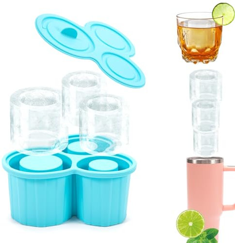 Bac à Glaçons pour Stanley Cup,3 pcs Cylindrique Creux Silicone Moule à Glaçons avec Couvercle, Reutilisable Bac à Glaçons pour CongéLateur Boissons (bleu)