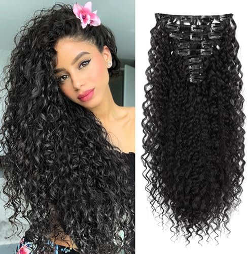 FLUFYMOOZ 9PCS Clip in Hair Extensions, 22 Inch Clip in Haarverlängerungen lockige Haarverlängerung, lange, weiche synthetische Haarteile für Frauen Schwarz