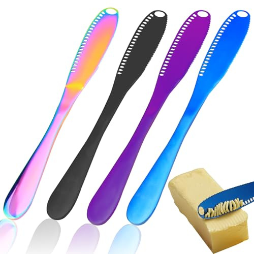 Modixun Esparcidor de cuchillos de mantequilla de acero inoxidable de 4 colores, esparcidor de mantequilla 3 en 1, cuchillos de mantequilla para cortador de mantequilla, rallador, cortador de