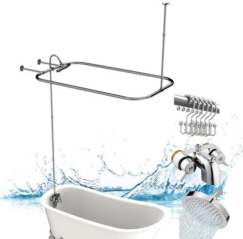 Pyhomestrim Clawfoot Tub Shower Kit, Add On Shower Units With Bathcock Diverter Faucet and 48 X 27“ Rectangular Claw foot Tub Shower Curtain Rod Kit,Claw foot Tub Shower Faucet Set,Chrome Plated