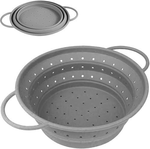 RHAFAYRE Scolapasta Pieghevoli, Scolino da Cucina in Silicone con Manici, Cestello Scolapasta per Scolare Pasta, Verdura, Frutta e Fagioli, Medio, Grigio
