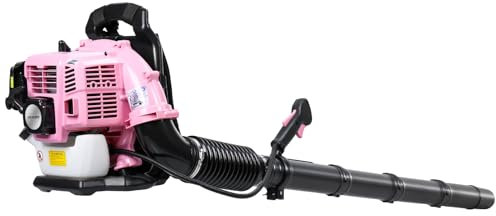 funrautz Soplador de hojas de mochila de gasolina, motor de 2 tiempos de 52 cc con potencia nominal de 1,25 kW, velocidad de viento de 550 CFM, soplador de jardín rosa para limpiar polvo de hojas de