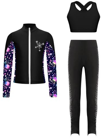 Oyolan Barn flicka kläder konståkning set jacka leggings linne sportkläder gymnastik dans, svart, 5-6 ans