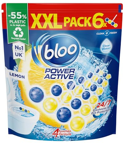 Bloo Power Active Toilet Rim Block XXL pack (300g = 6x50g) with Fresh Lemon Scent, Hanging Toilet Bowl Rim with Anti-Limescale Formula