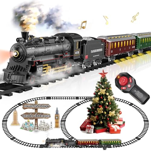 Electric Train Sets Remote Control for Kids Christmas Train Toys Steam Locomotive w/3 Smokes, Glowing Passenger Carriages, Luxury Tracks, Light & Sounds Birthday Gifts for Boys Girls