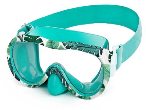 Kids Swim Goggles, Anti-Leak Snork Mask with Nose Cover & Elastic Fabric Strap, UV Protection Swimming Goggles for Kids Boys Girls (Green-Leaves)