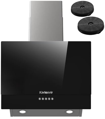 Karienvir Angled Black Cooker Hood 60cm, A++ 450m³/h Recirculating Cooker Hood Push Button Control, Tempered Glass Extractor Hood with LED Lights, 3 Speed, Wall Mounted extractor fan kitchen