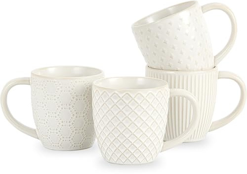 Steingut Tassen Set 4-teilig, 400ml Keramik Becher mit Relief-Design, Spülmaschinen- & Mikrowellengeeignet für Cappuccino, Kaffee, Tee, Geschenkidee