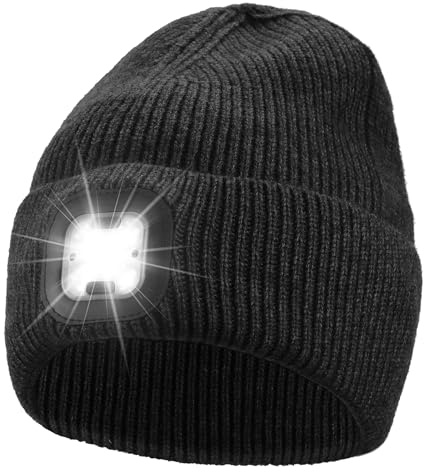 Starvortex LED-Mössa Med Lampa, Unisex Uppladdningsbar Pannlampa, Varm Vintermössa Med Vågaktiverad Sensorlampa, för Vandring, Cykling, Camping, Gogging, Present Till Män, Kvinnor, Tonåringar (Svart)